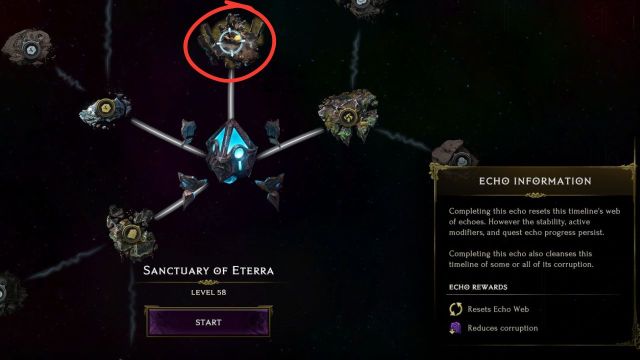 A screenshot of the Monolith Echo web with the Sanctuary of Eterra circled in red.