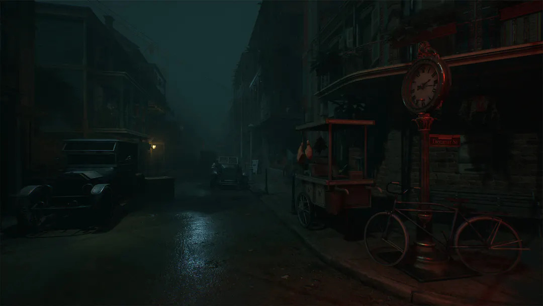 An screenshot of a dark street from Alone in the Dark