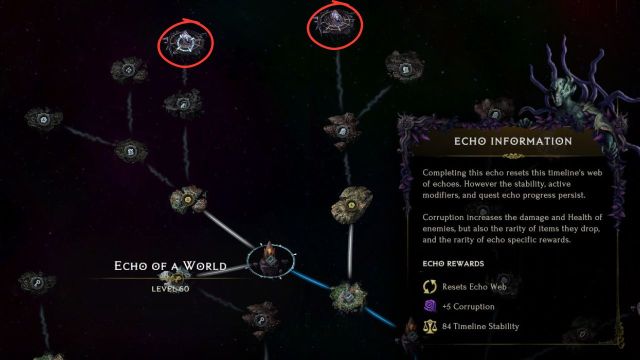 A screenshot of the Eco of a World nodes in Last Epoch circled in red.