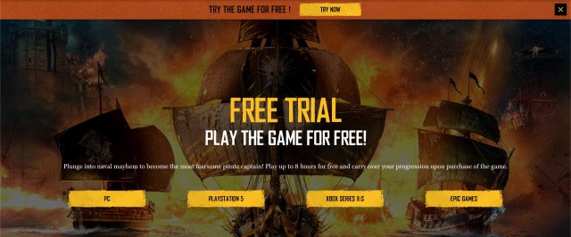 Ubisoft website showing the platforms the free trial for Skull and Bones is available on