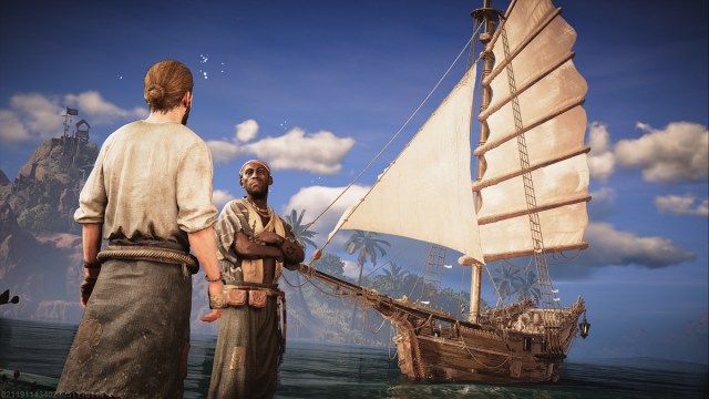 A shipbuilder displaying a finished ship to a Skull and Bones player.
