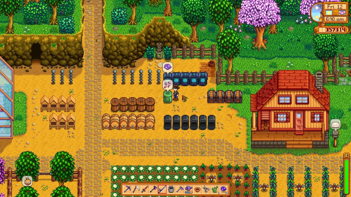 Stardew Valley Worm Bin with the character standing next to it