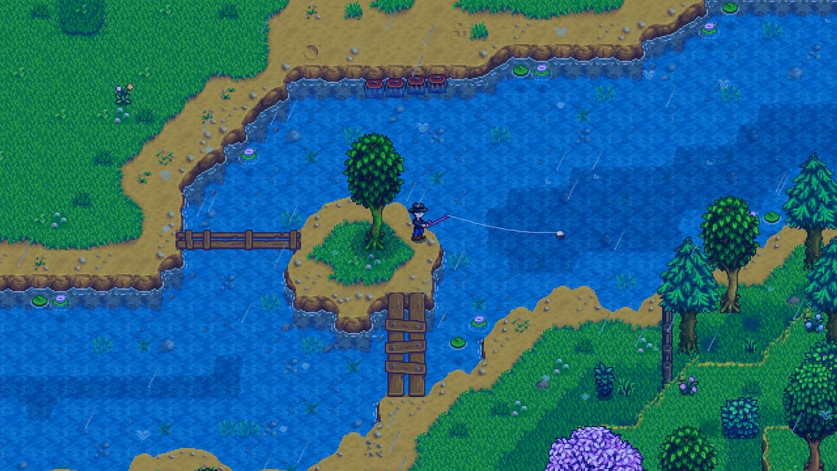 A character is fishing in Stardew Valley