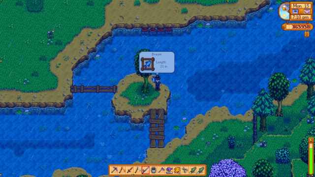 Character is holding a Bream in Cindersap Forest