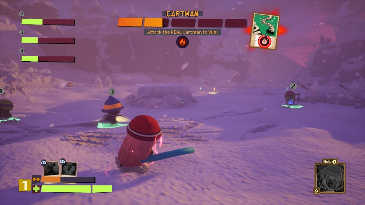 An in game image of the Cartman boss fight from South Park: Snow Day