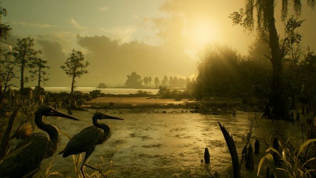 A screenshot from Alone in the Dark that shows a beautiful atmospheric swamp scene.