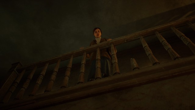Emily looking over the banister for Edward in Alone in the Dark
