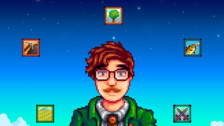 Harvey character with all Stardew Vallet skill icons