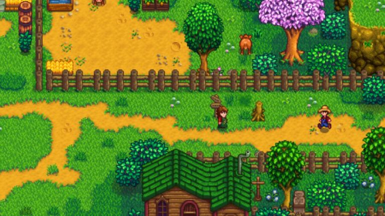 Characters running down pathway in Stardew Valley with a farm and house nearby.