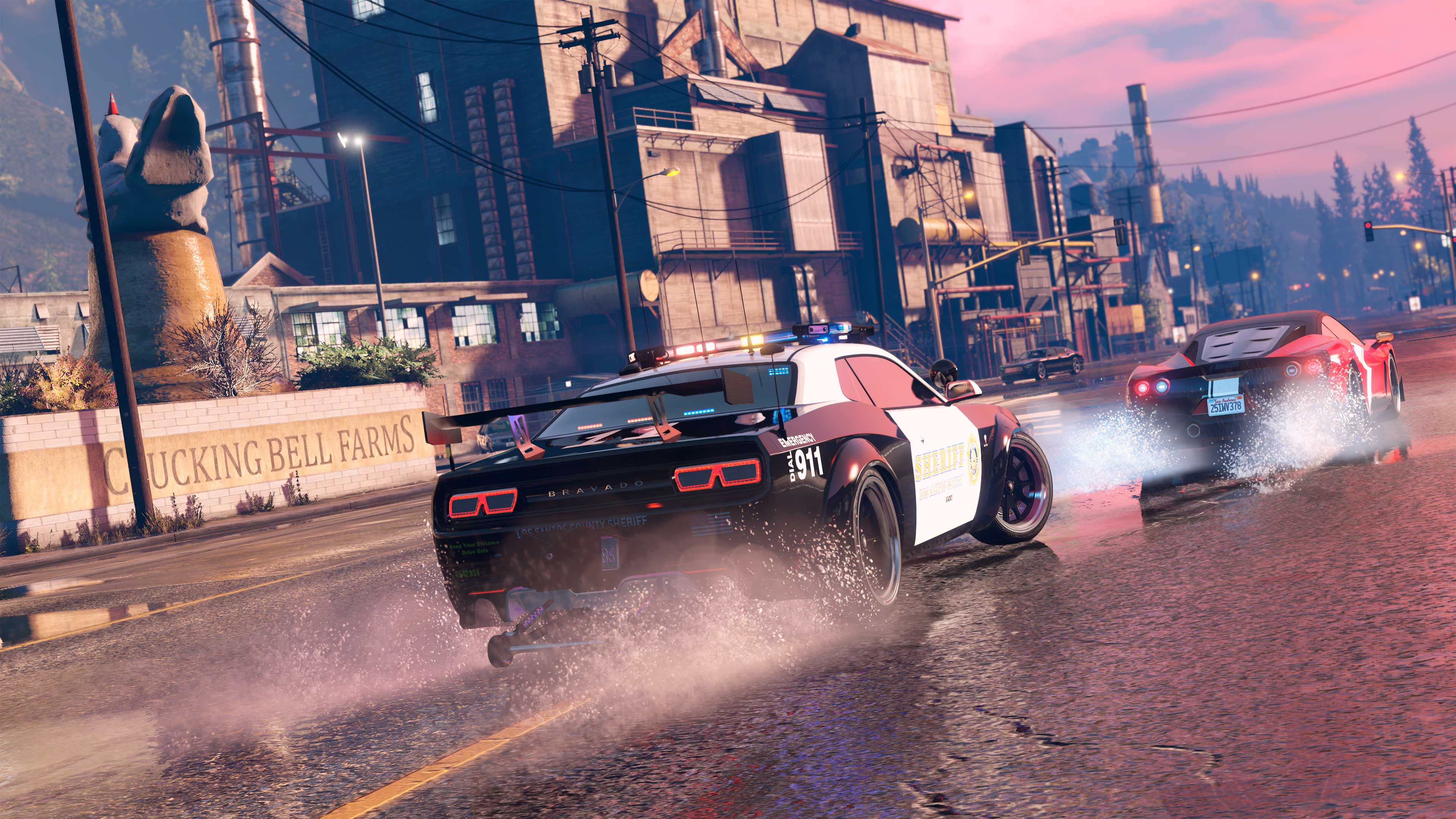 The Bravado Gauntlet Interceptor vehicle drives after another car in GTA Online.