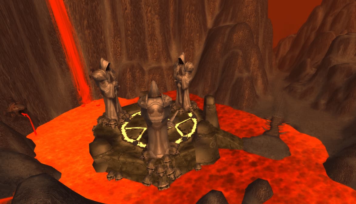 The Altar of Storms in the Burning Steppes in WoW Classic surrounded by lava and rocks