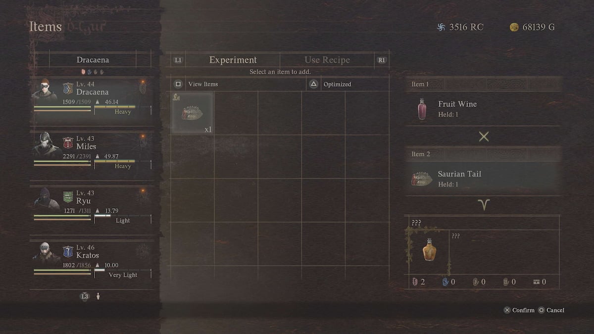 Crafting Menu to make Newt Liqour in Dragon's Dogma 2