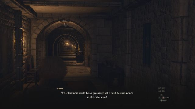 A Dragon's Dogma 2 screenshot that shows the Arisen in a dim corridor with dialogue on-screen.