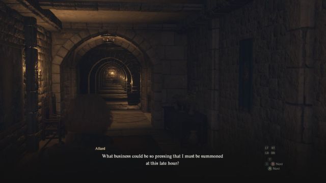 A Dragon's Dogma 2 screenshot that shows the Arisen in a dim corridor with dialogue on-screen.