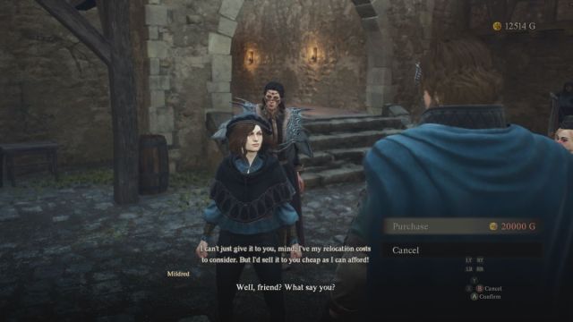 A Dragon's Dogma 2 screenshot that shows the Arisen purchasing a house from Mildred.
