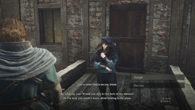 A Dragon's Dogma 2 screenshot showing dialogue options with Mildred outside of her house.