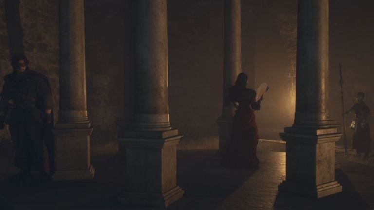 A Dragon's Dogma 2 screenshot that shows The Arisen hiding behind a pillar while Wilhelmina speaks to a guard.