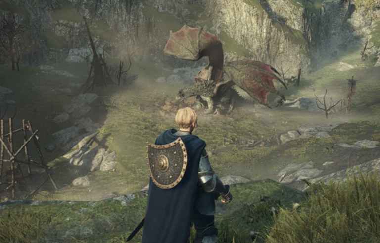 Image of the Arisen staring down at a Dragon in Dragon's Dogma 2.