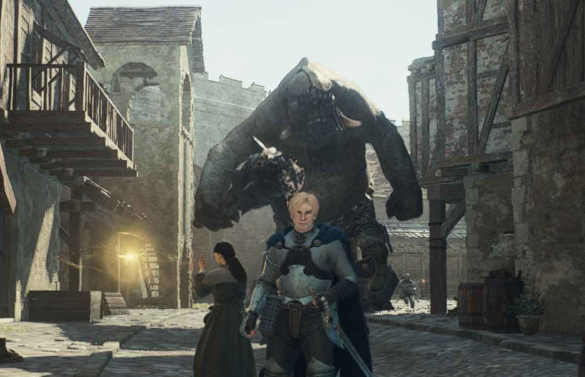 Image of a Cyclopes rampaging in town in Dragon's Dogma 2.