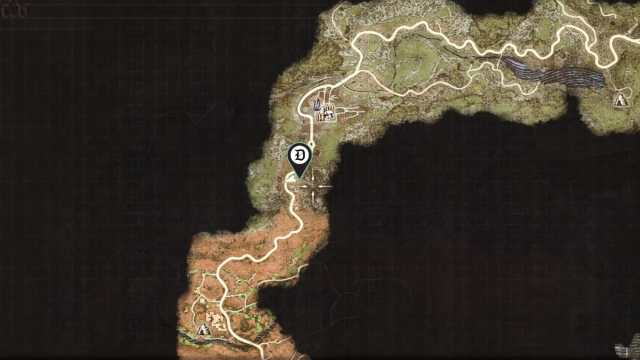 A screenshot of the map in Dragon's Dogma 2 with a location marked.