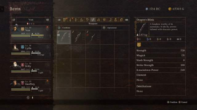 A screenshot showing the Dragon's Blink Bow in Dragon's Dogma 2.