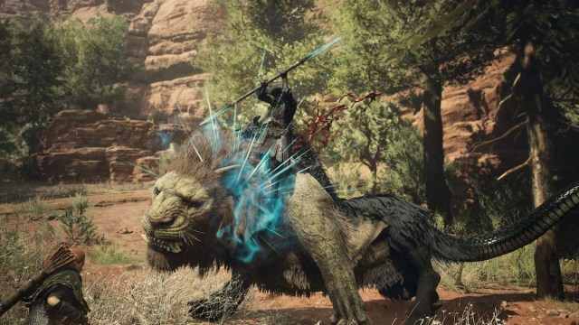 A Mystic Spearhand in Dragon's Dogma 2 fighting a Chimera.