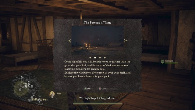 A warning message in Dragon's Dogma 2 for nighttime.