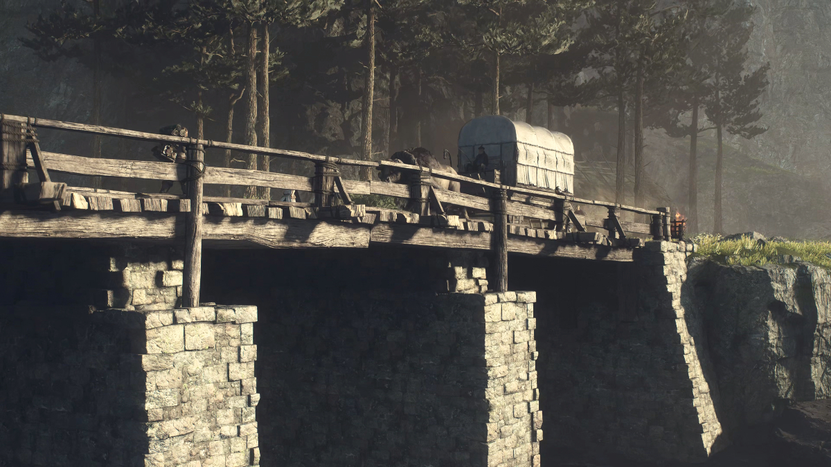 An Oxcart crossing a bridge in Dragon's Dogma 2.