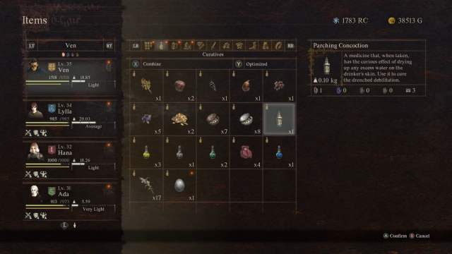 A player inventory in Dragon's Dogma 2 with a Parching Concoction.