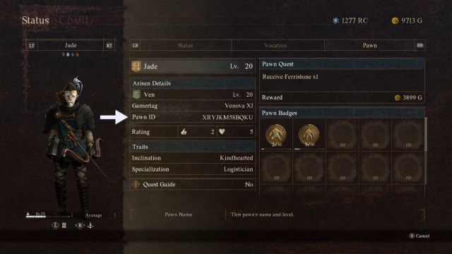 A screenshot of the Status menu in Dragon's Dogma 2 showing Pawn details.