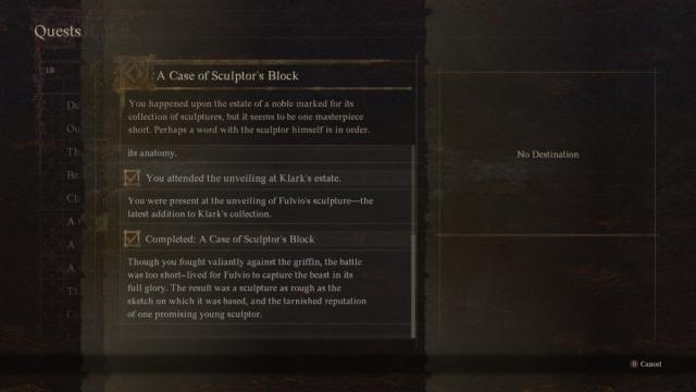 The questlog screen for a Case of Sculptor's Block in Dragon's Dogma 2, featuring the failure state.