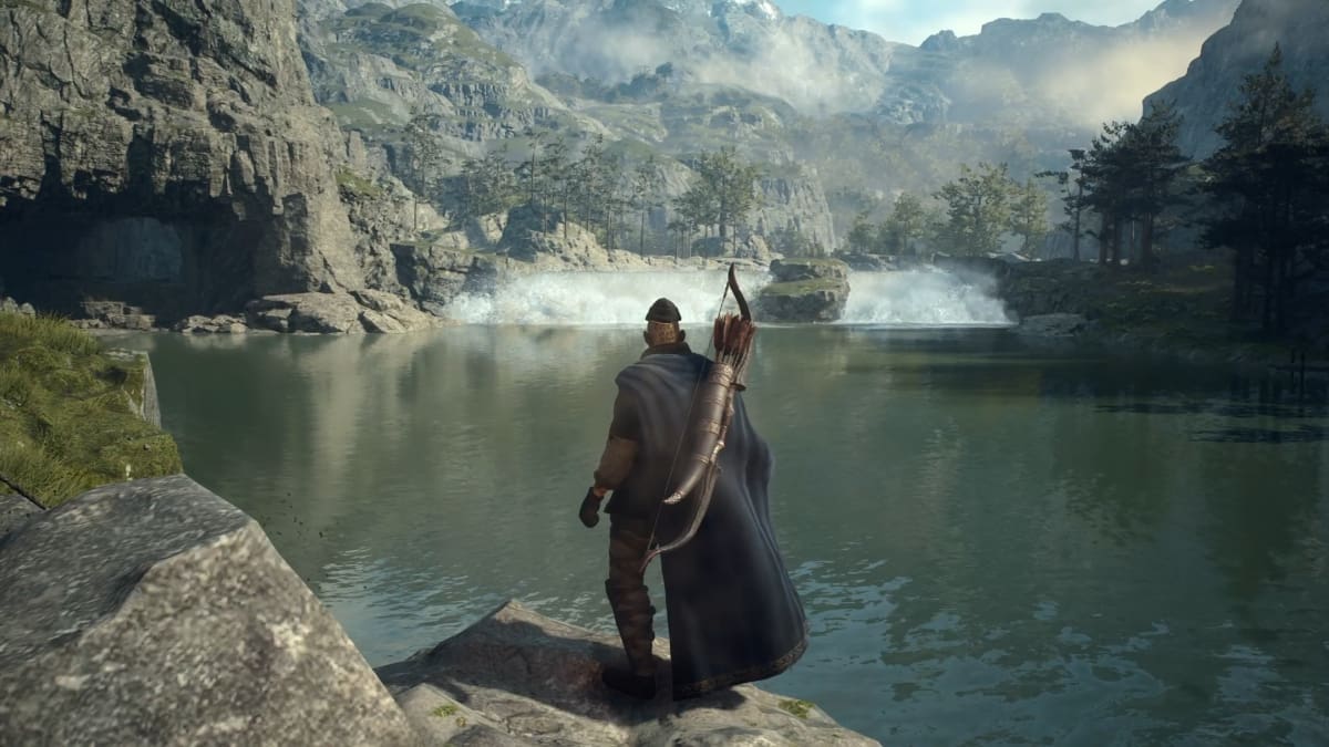 A player in Dragon's Dogma 2 stood nearby a lake.