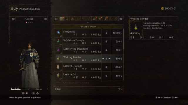 Dragon's Dogma 2 inventory with Waking Powder selected