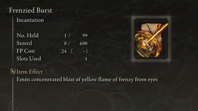 The spell description for the Frenzied Burst Incantation in Elden Ring.