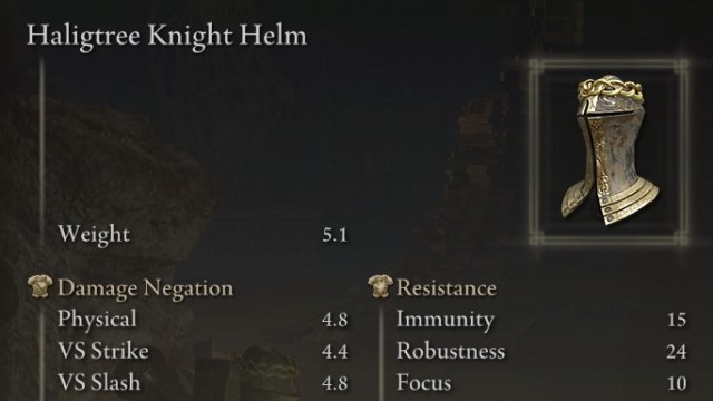 The Haligtree Knight Helm in Elden Ring, framed in the Equipment Menu.