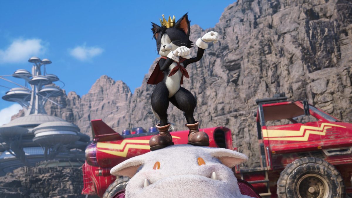 An image showing Cait Sith and his Moogle friend in Final Fantasy 7 Rebirth.