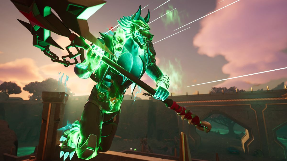 A player holds an axe and dashes with a green aura in Fortnite.