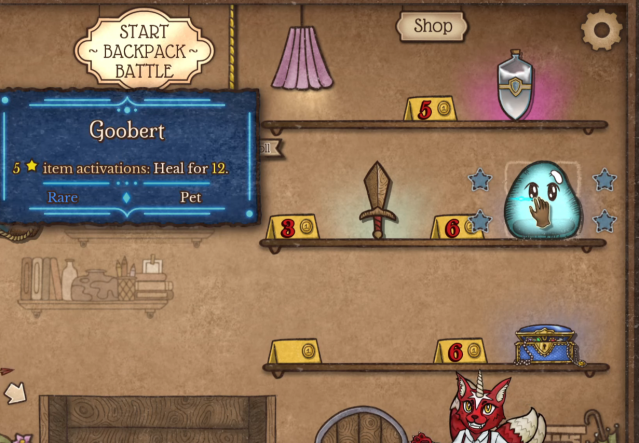 Image of the shop in Backpack Battles showing Goobert.