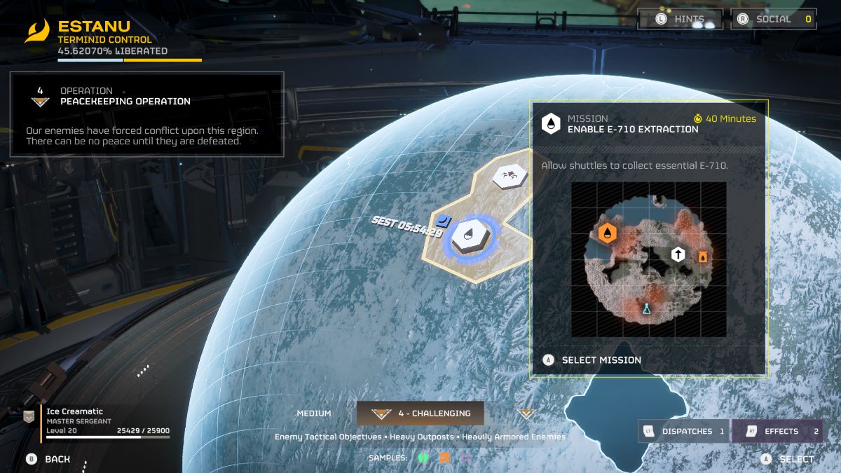 A screenshot of the Helldivers 2 war console, with an Enable E-710 Extraction mission selected.