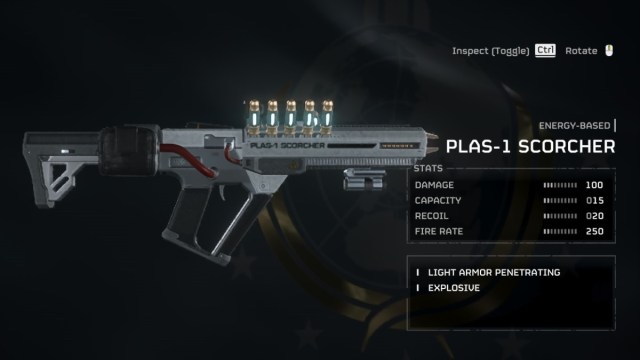 The PLAS-1 Scorcher, alongside its stats, in Helldivers 2.