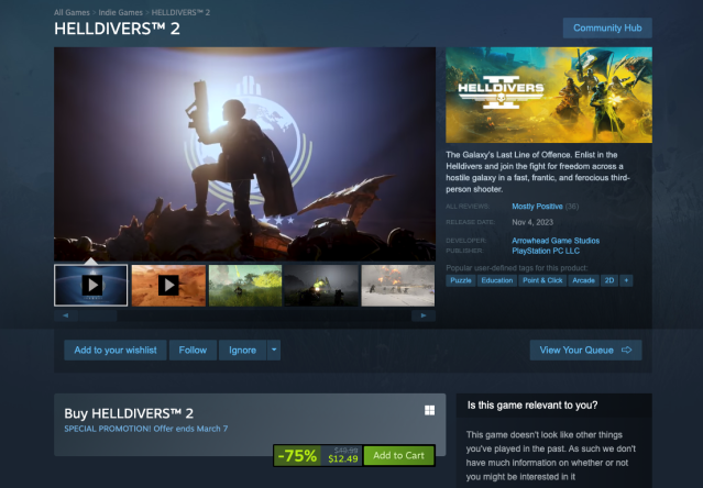 A look at the Helldivers 2 scam at Steam page.