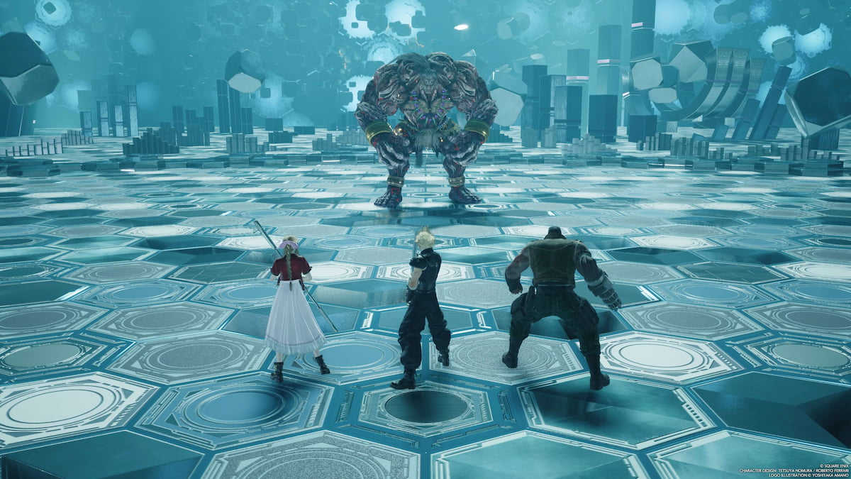 Three characters stand against a blue-tiled background facing a monster.