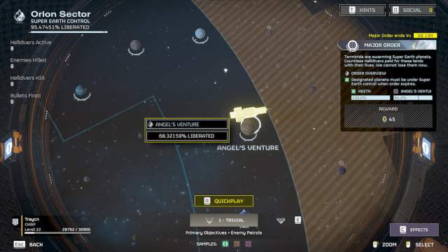 A screenshot of the Helldiverrs 2 map with the Orion Sector selected and a graphic of the ship next to Angel's Venture.