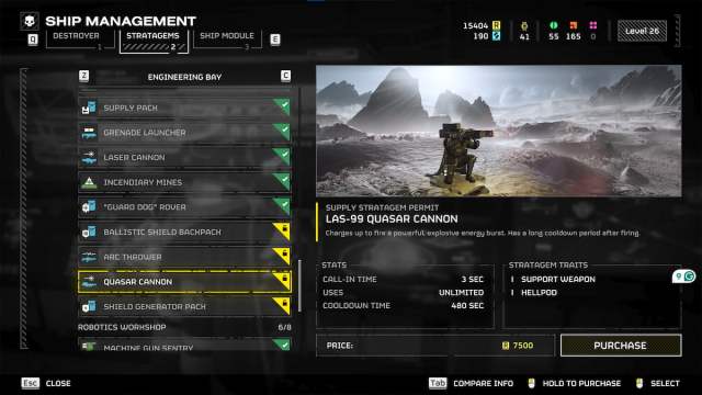 Purchasing the LAS-99 Quasar Cannon from menu