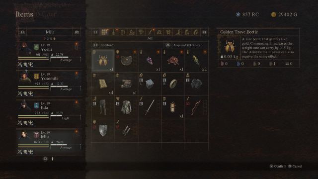 Inventory menu in Dragon's Dogma 2.