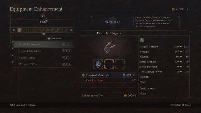 Item upgrade menu in Dragon's Dogma 2.