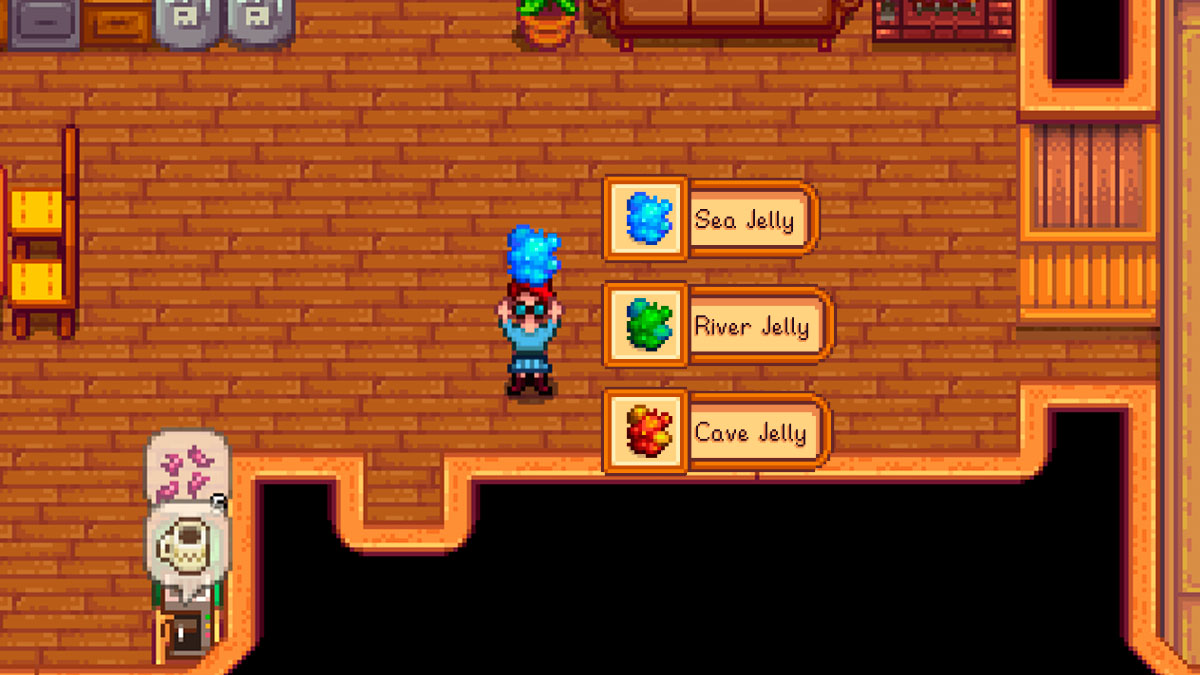 A character in a room holding jellies in Stardew Valley