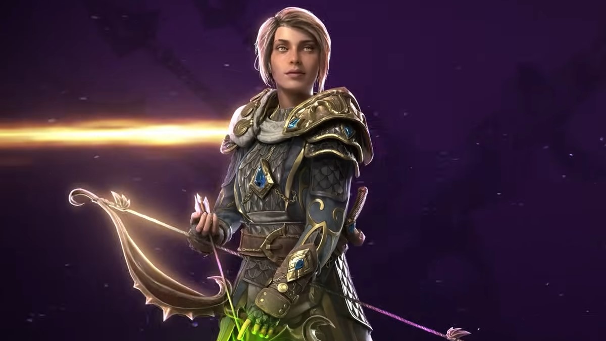 The image of the Rogue from Last Epoch, a female archer, on a purple background with a golden line behind her.