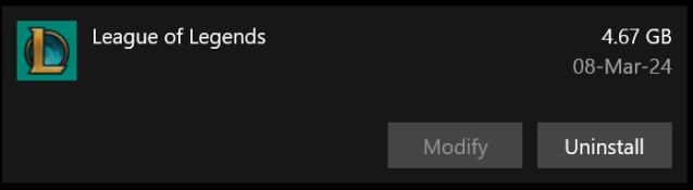 Screenshot of LoL folder in add/ remove programs in Windows