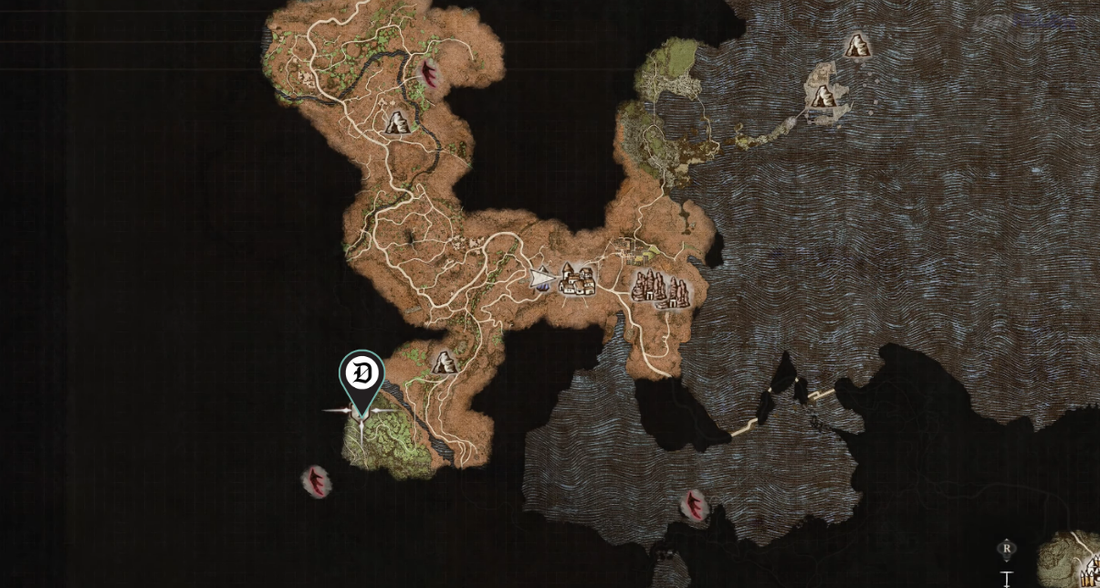 A map screenshot showing the path to the Caliginous Depths in Dragon's Dogma 2.